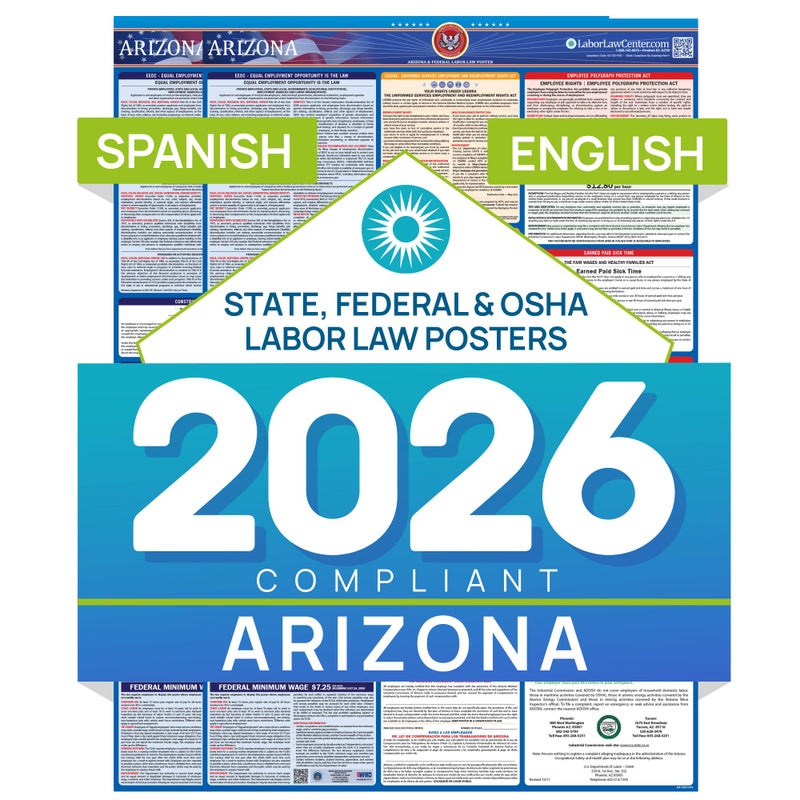 Labor Law Center Arizona 2026 Labor Law Posters Bundle â€“ English & Spanish Compliance Combo â€“ OSHA, EEOC, FMLA, Minimum Wage â€“ Durable, Laminated & Waterproof Workplace Employment Posters â€“ Made in USA â€“ 26â€ x 39.5â€ - Image 1